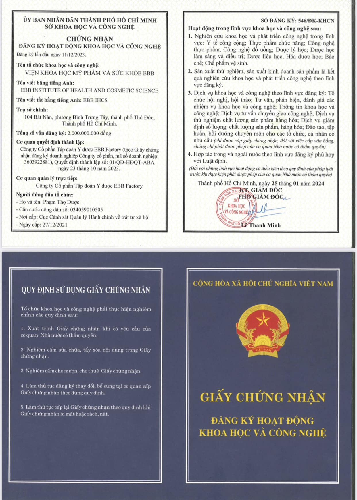 Giấy chứng nhận viện khoa học mỹ phẩm và sức khỏe EBB